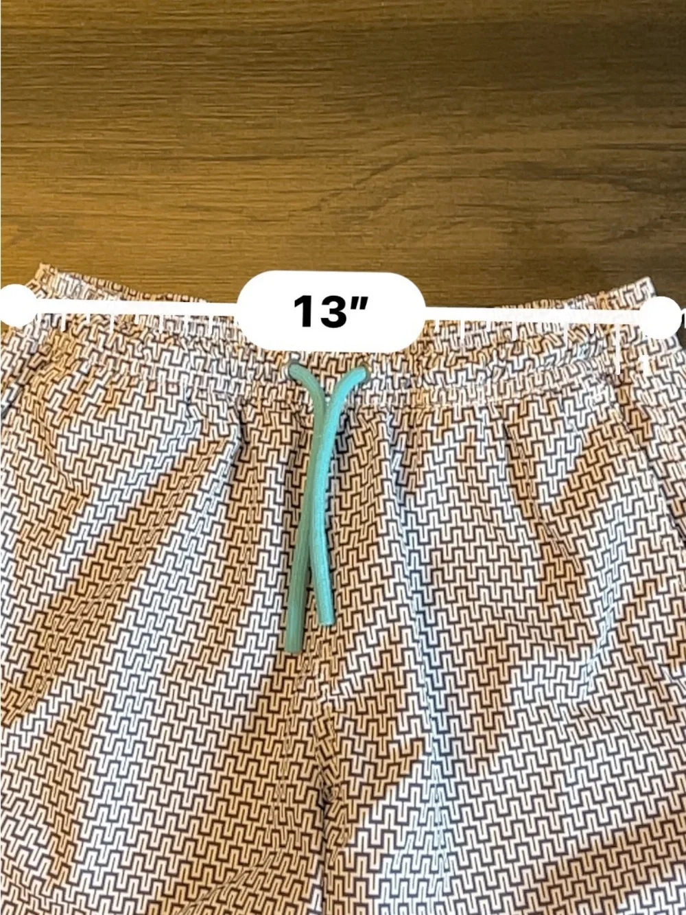 J. Crew White & Navy Geometric Swim Shorts with Teal Drawstring